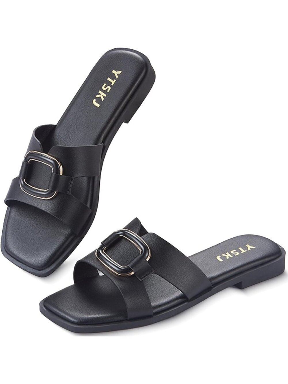 Women's Black Slip On Flat Loafers Comfortable Square Open Casual Toe Leather